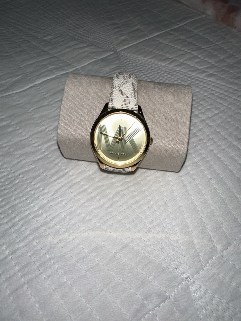 Michael Kors Gold Dial Watch with White Logo-Print Strap